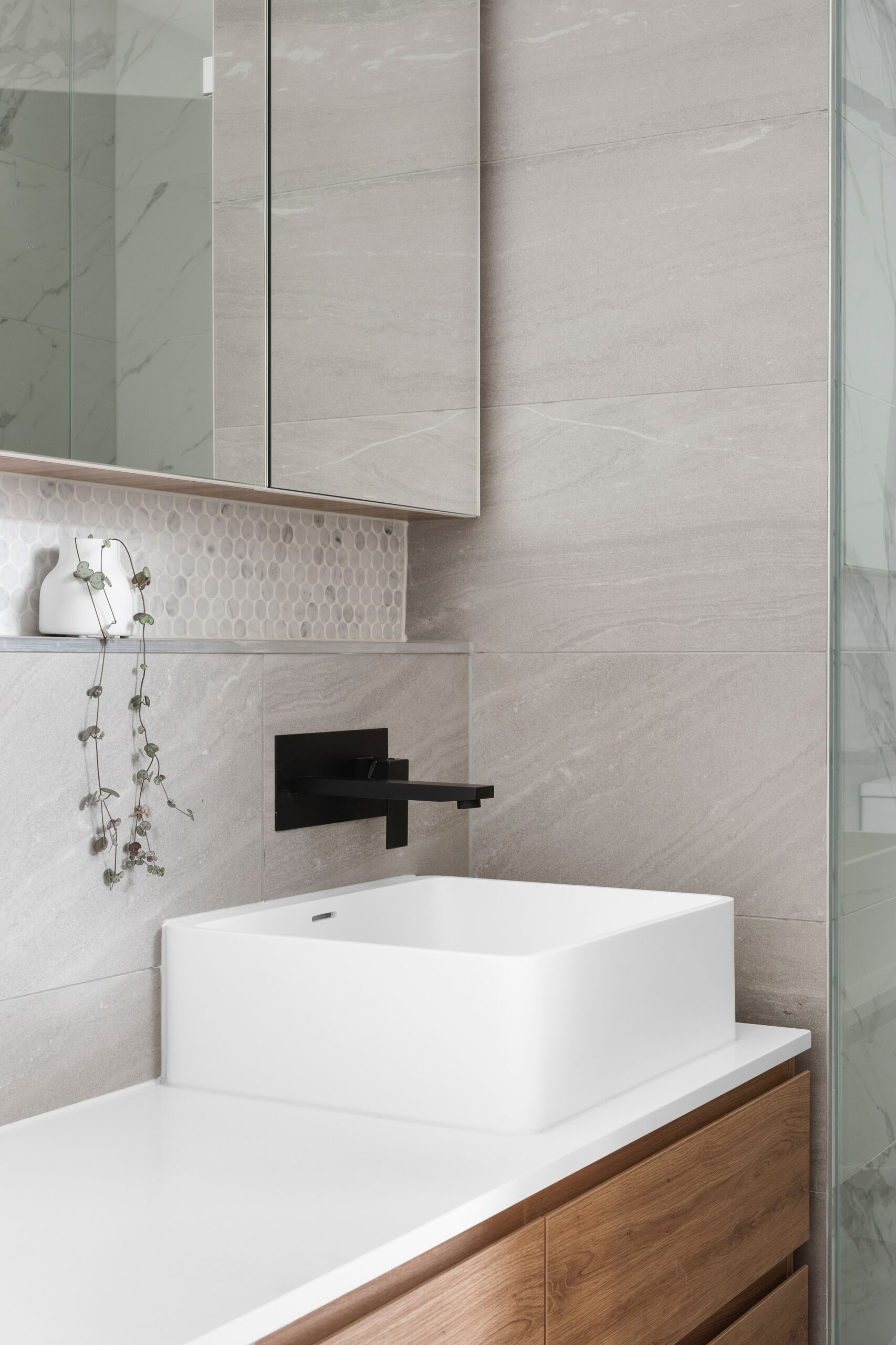 bathroom granite and tile backsplash porcelain sink modern